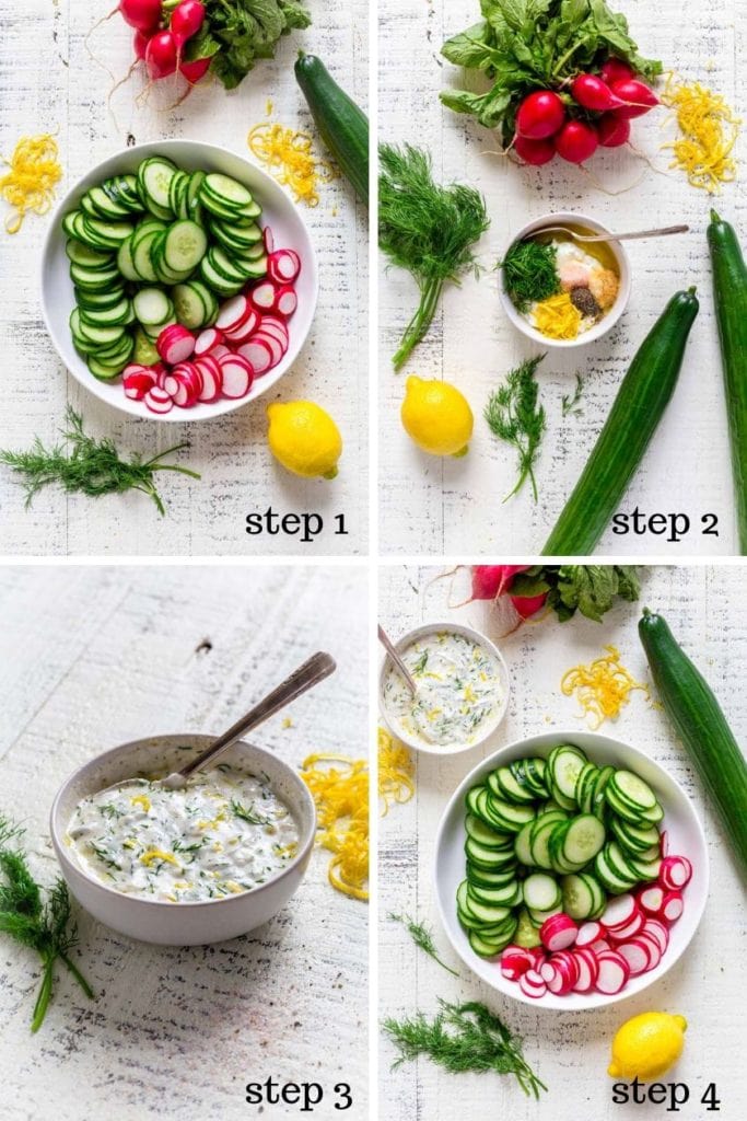 Four images showing the step-by-step process for making an easy cucumber salad recipe.