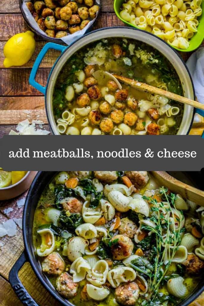 Two stacked images of wedding soup with meatballs, Parmesan cheese, and lemon wedges.
