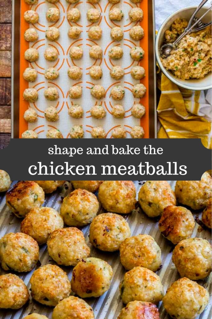 Two stacked images of baked chicken meatballs on a tray before and after baking.
