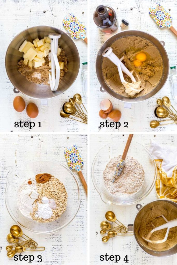Four images showing how to make this oatmeal cookie recipe.