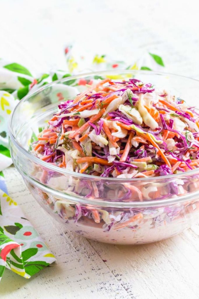 Best coleslaw recipe served in a clear glass bowl.