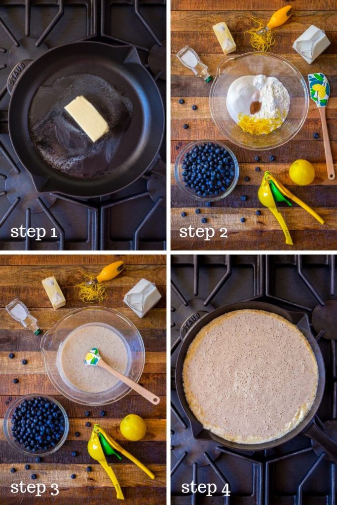 Four images showing step-by-step instructions for blueberry cobbler recipe.