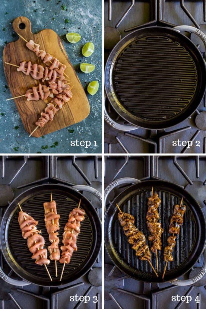 Four step-by-step recipe images showing how to make grilled pork loin.