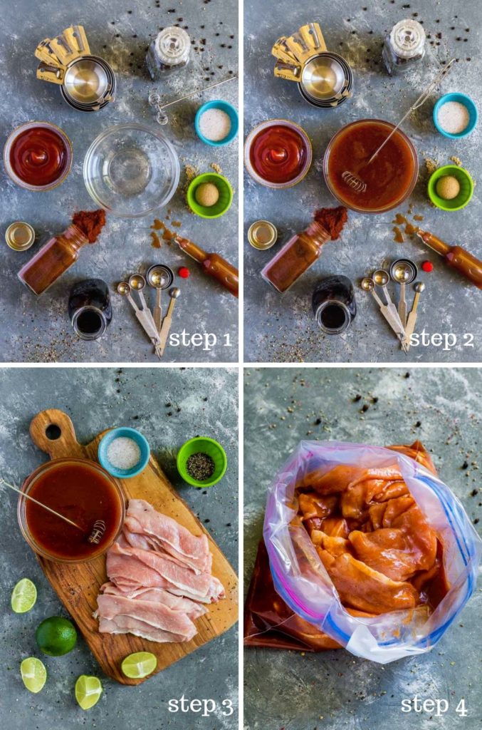 Four images showing step by step recipe instructions for grilled pork marinade.