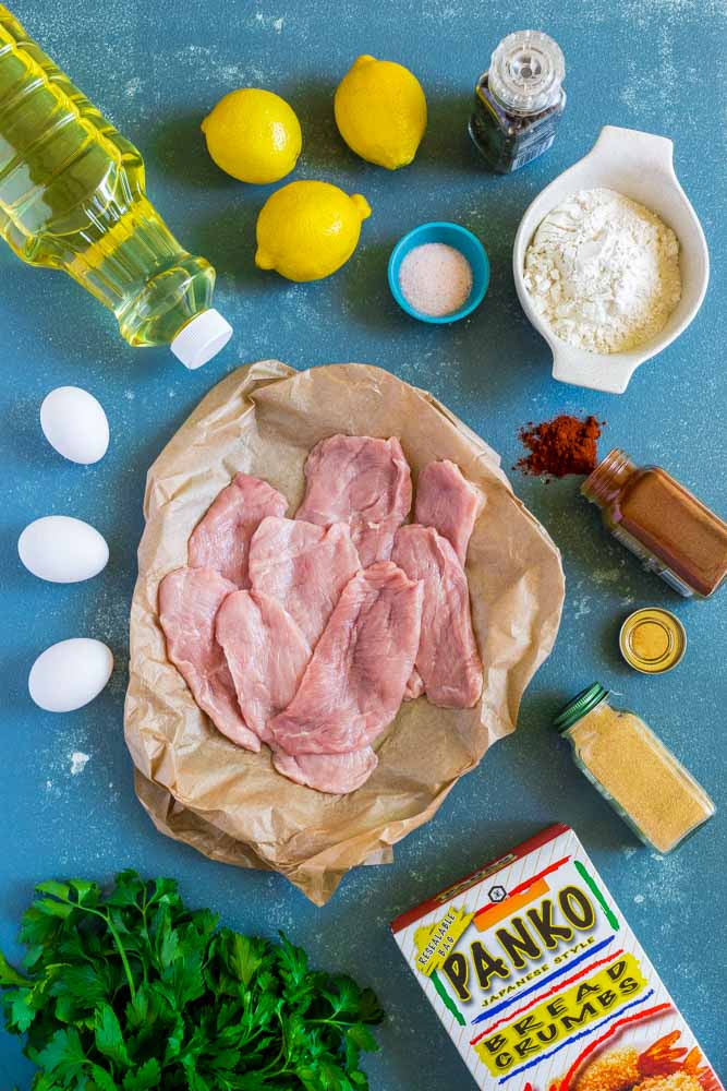 All the ingredients for making schnitzel from scratch.