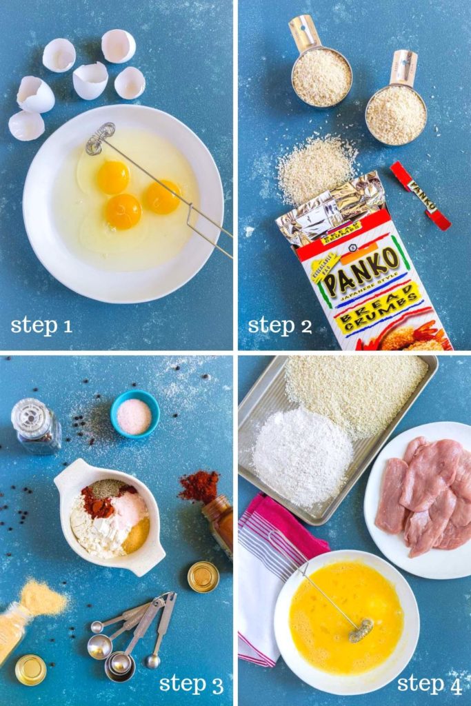 Four images showing step-by-step instructions for making schnitzel.