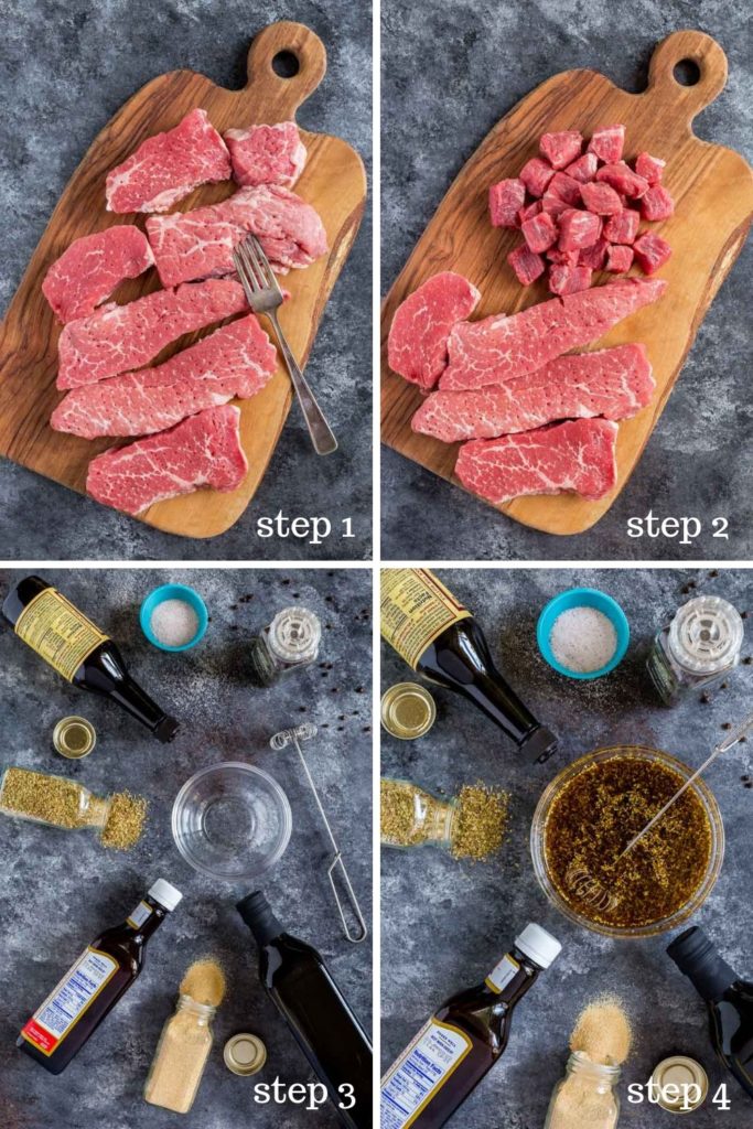 Four step-by-step recipe images for making the best steak marinade.