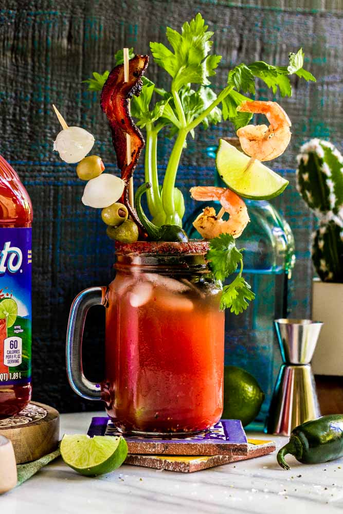 Bloody Mary Cocktail made with silver tequila and garnished with a long stick of celery.