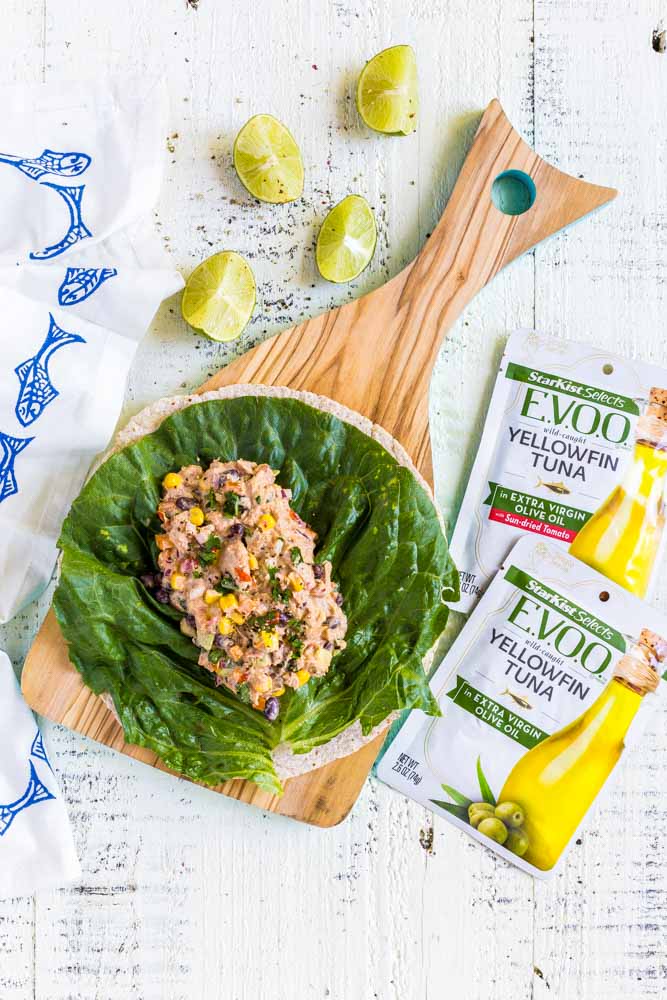 Lettuce wraps made with tuna and salmon.