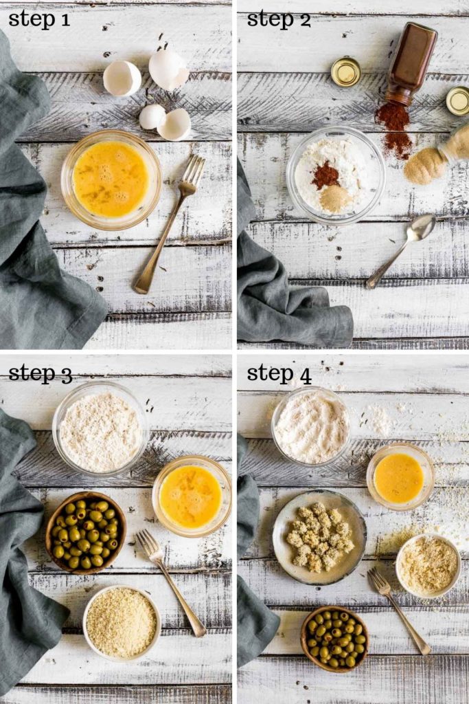 Four step-by-step images for how to make fried olives in an air fryer.