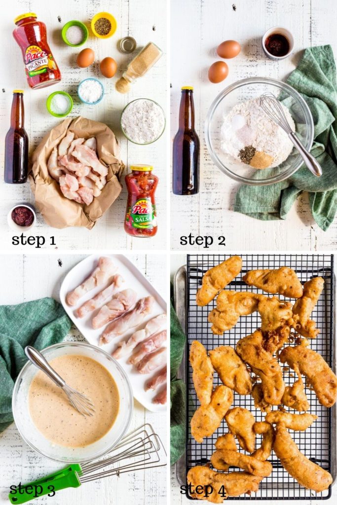 Four images showing how to make fish tacos step by step.
