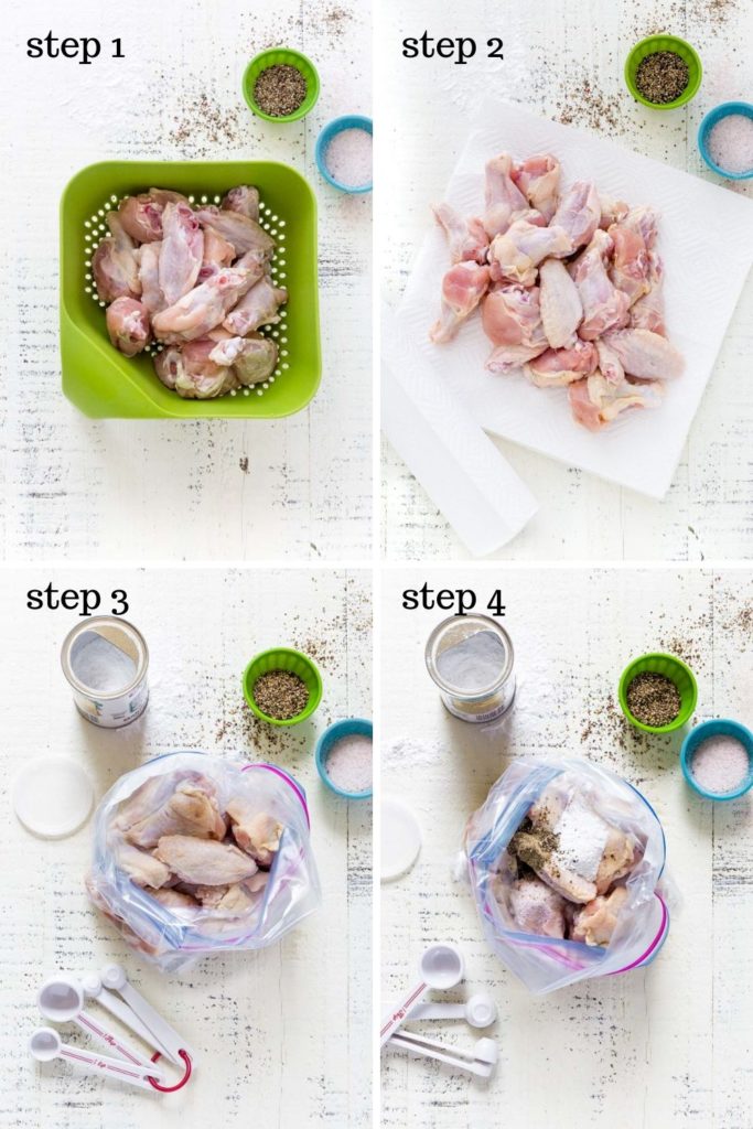 4 step-by-step images showing how to make chicken wings.