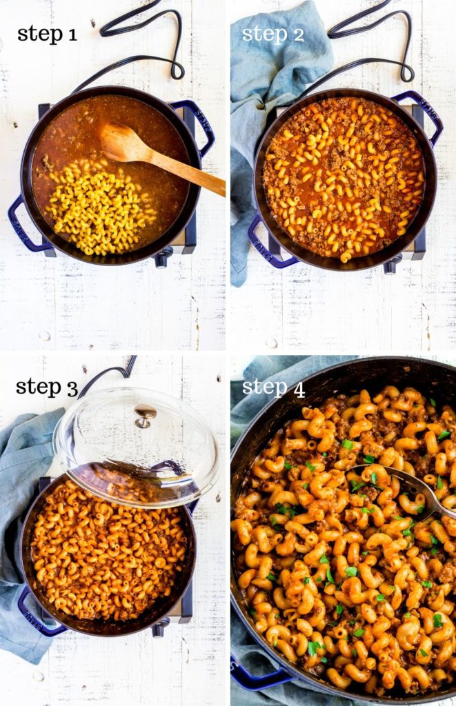Four step-by-step images for making cheeseburger casserole, an easy taco pasta one-pot meal.