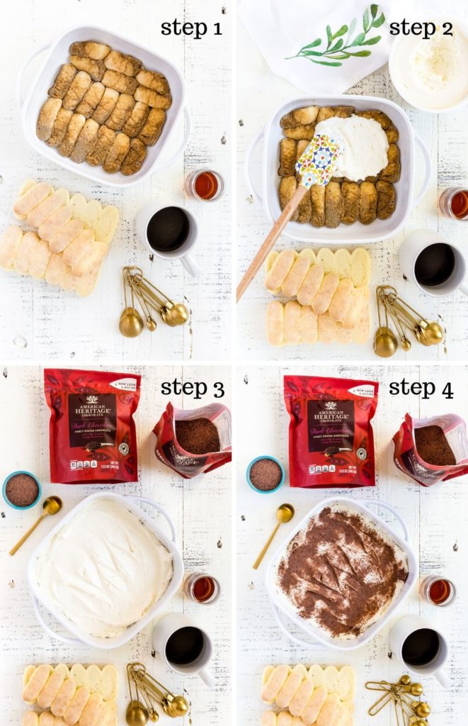 Four recipe images showing how to make Tiramisu Cheesecake.
