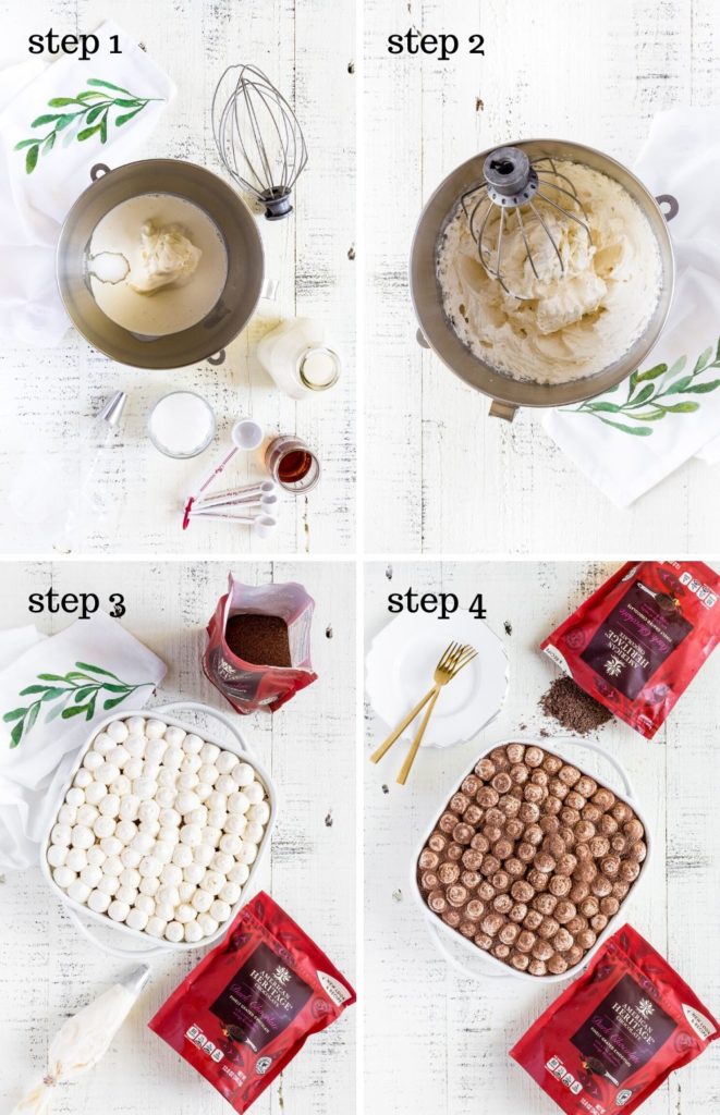 Four step-by-step recipe images showing how to make espresso mascarpone topping.