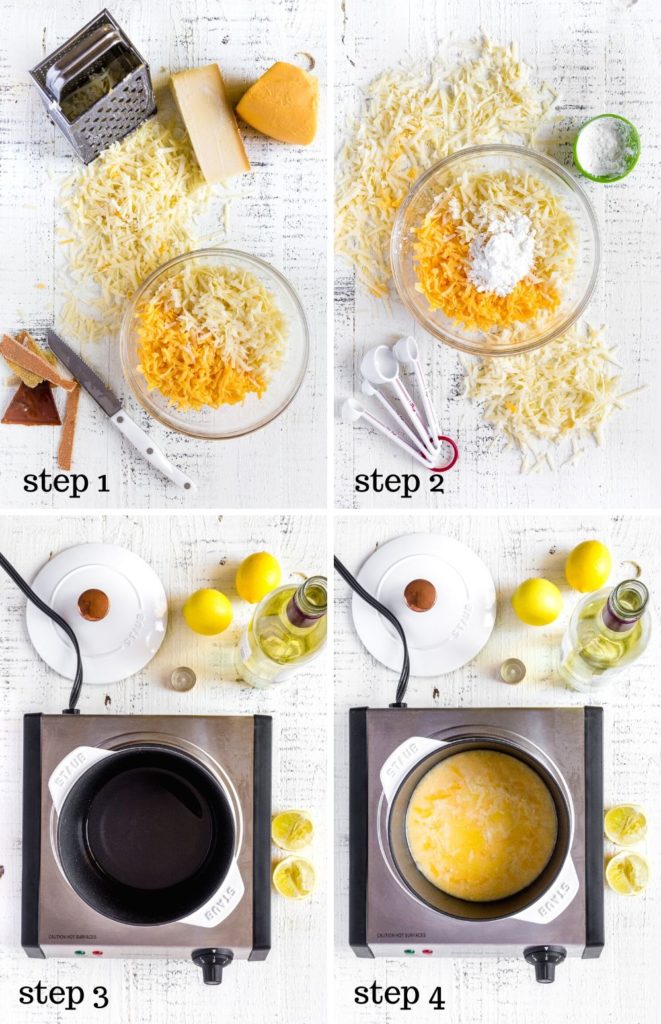 Four images showing how to make cheese fondue step by step.