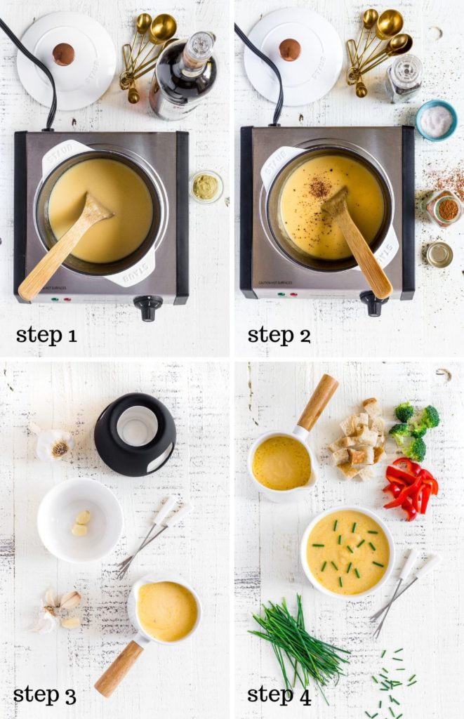 Four images showing how to make cheese fondue step by step.