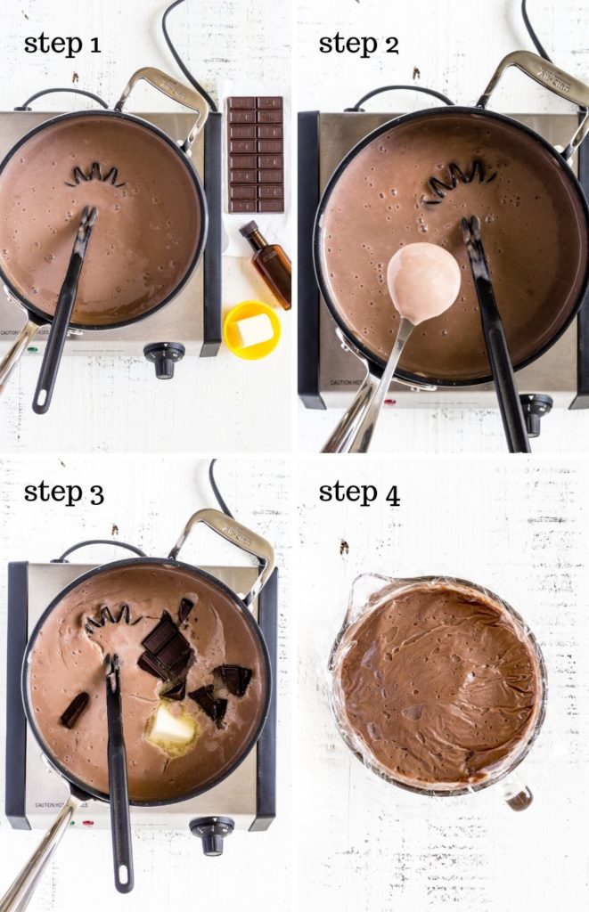 Four step-by-step images showing chocolate pudding recipe instructions.
