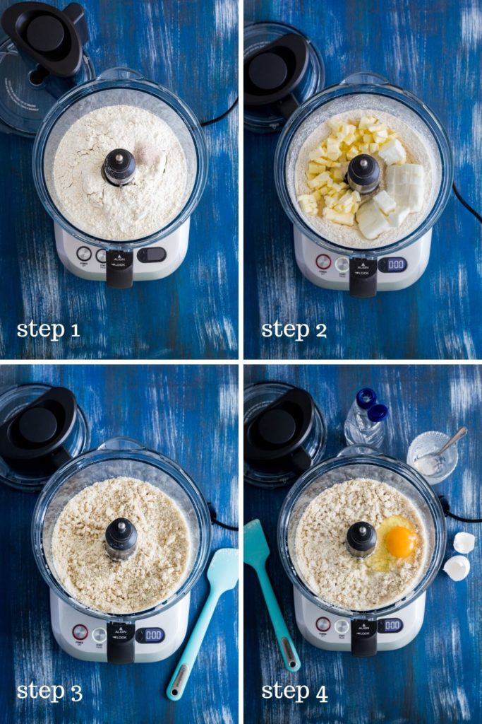 Four step-by-step images showing how to make empanada dough in a food processor.