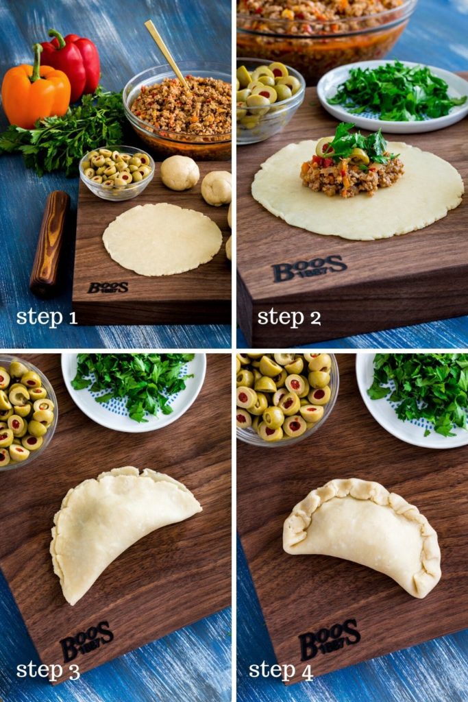 Four images showing how to assemble empanadas.