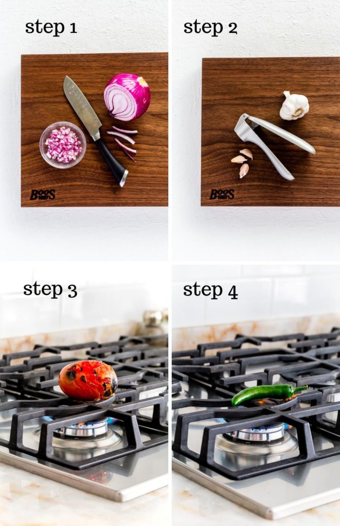 Four images showing how to make Mexican salsa step by step.