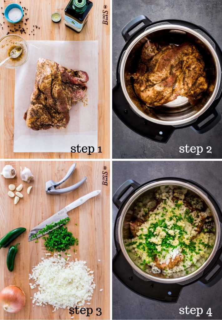 Four images showing how to make Instant Pot Carnitas, step by step.