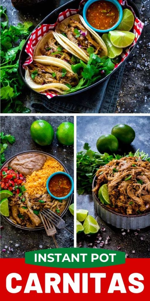 Pinterest image collage of Instant Pot pork carnitas and carnitas tacos.