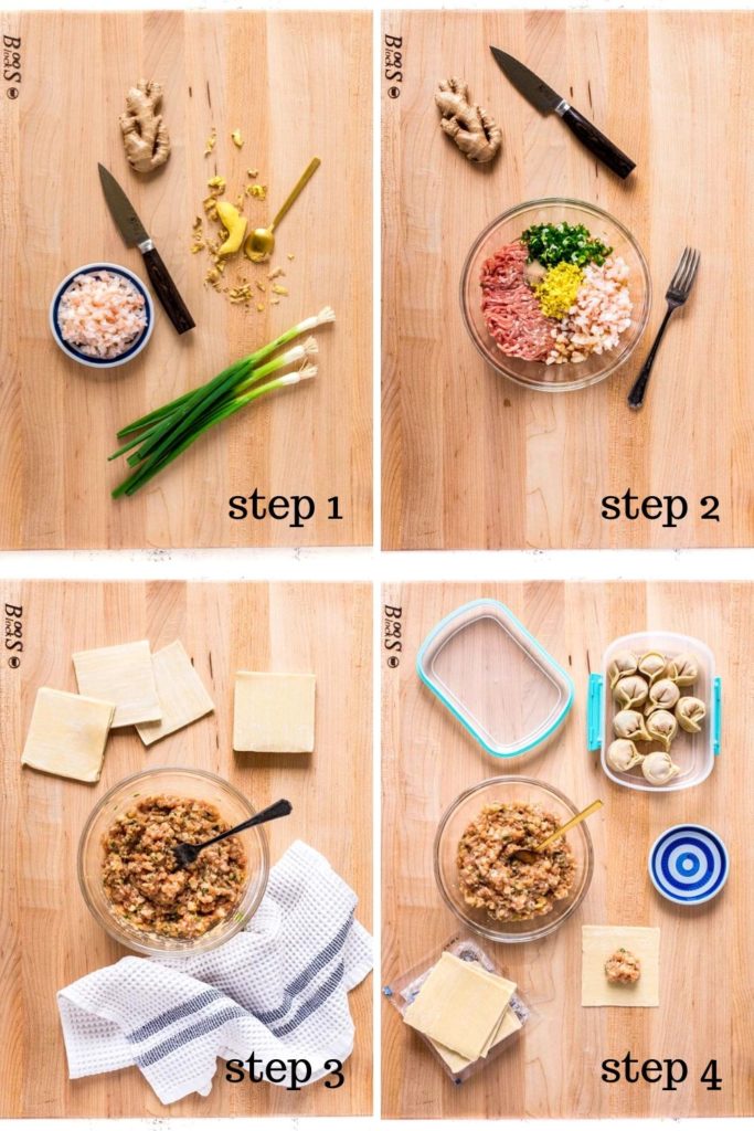 The steps for how to make wontons and fold them together.