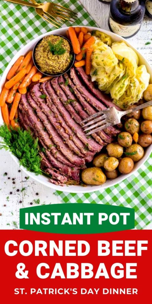 Instant Pot corned beef and cabbage recipe Pinterest graphic.