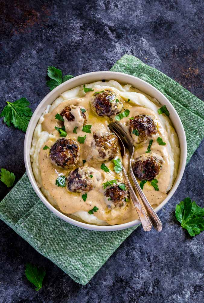 Swedish meatballs and gravy served over mashed potatoes.