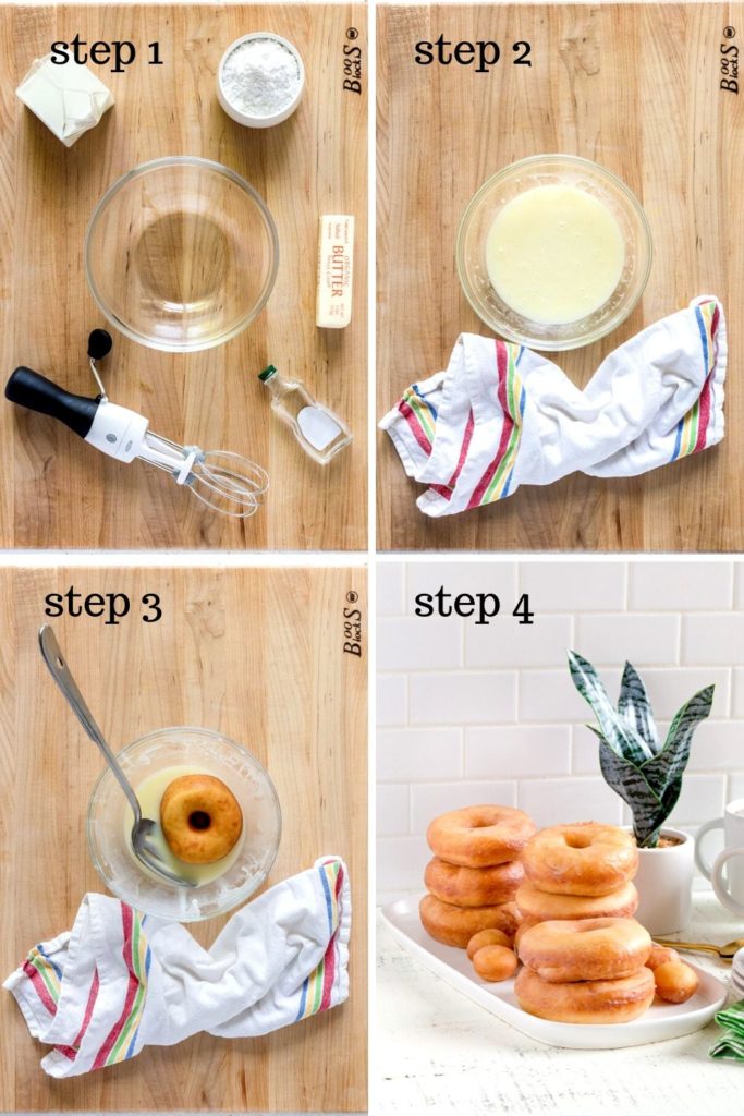 Four images showing how to make the best donut glaze recipe, step by step.