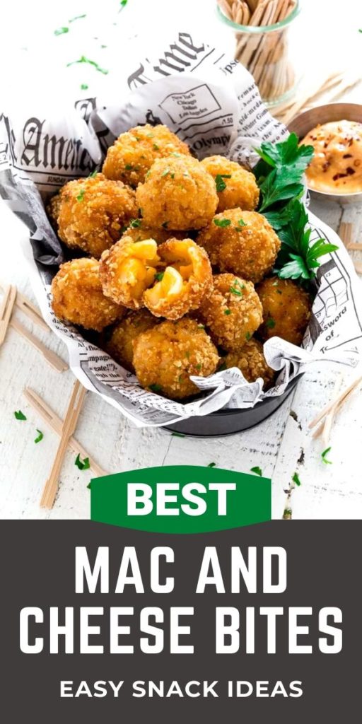 Pinterest graphic for mac and cheese bites party appetizers.