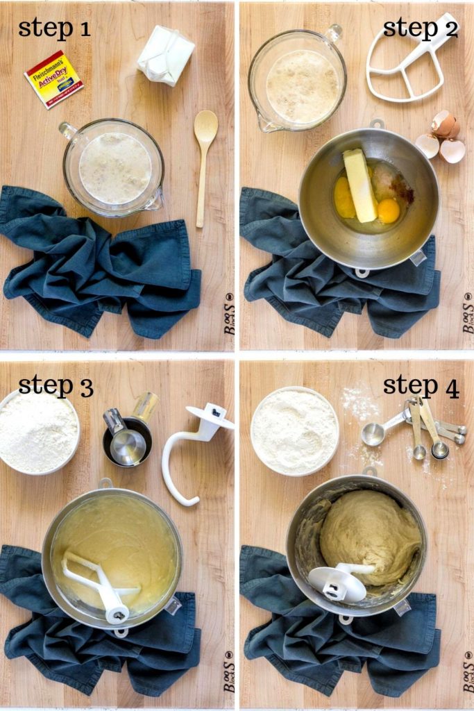 4-images showing how to make the best glazed donut recipe, step by step.