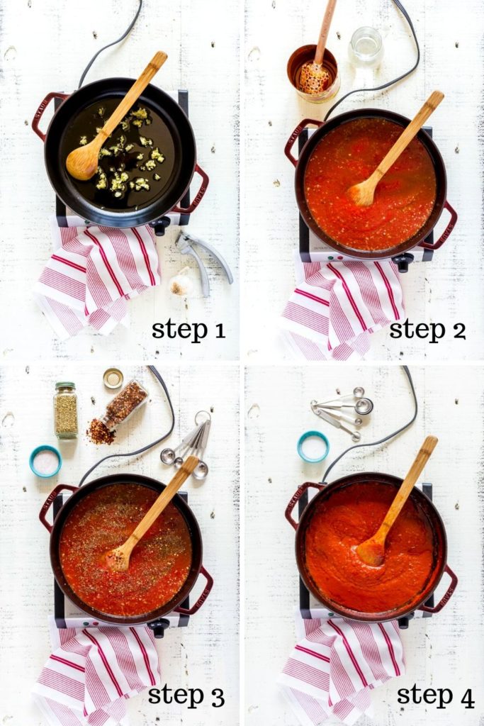 Four-image collage showing how to make homemade marinara sauce for baked ziti recipe.