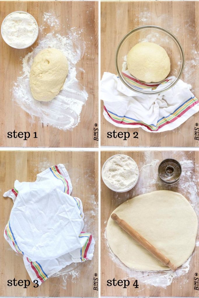 4 images showing how to make the dough for homemade donuts.