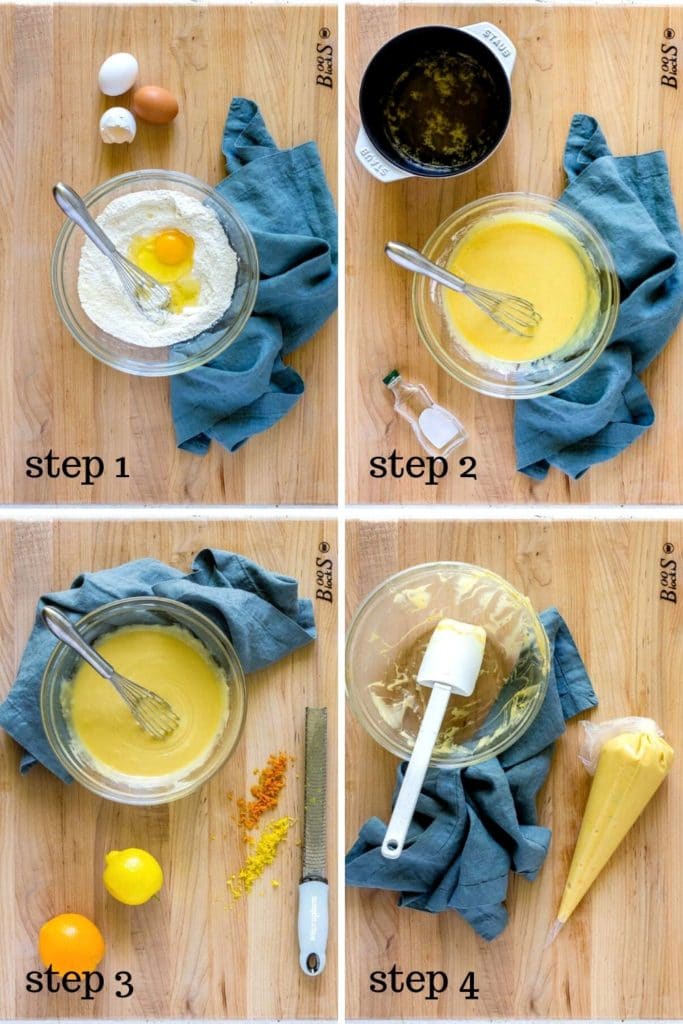 4-images showing how to make tiny sponge cakes from scratch.