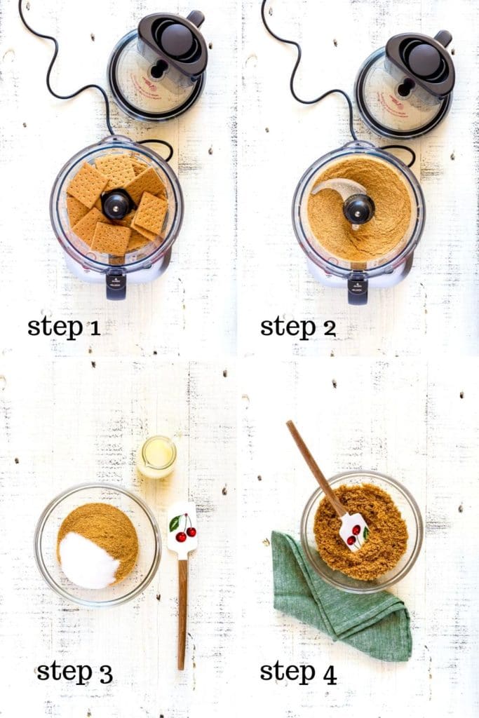 Four-image collage showing how to make a no-bake graham cracker crust from scratch.