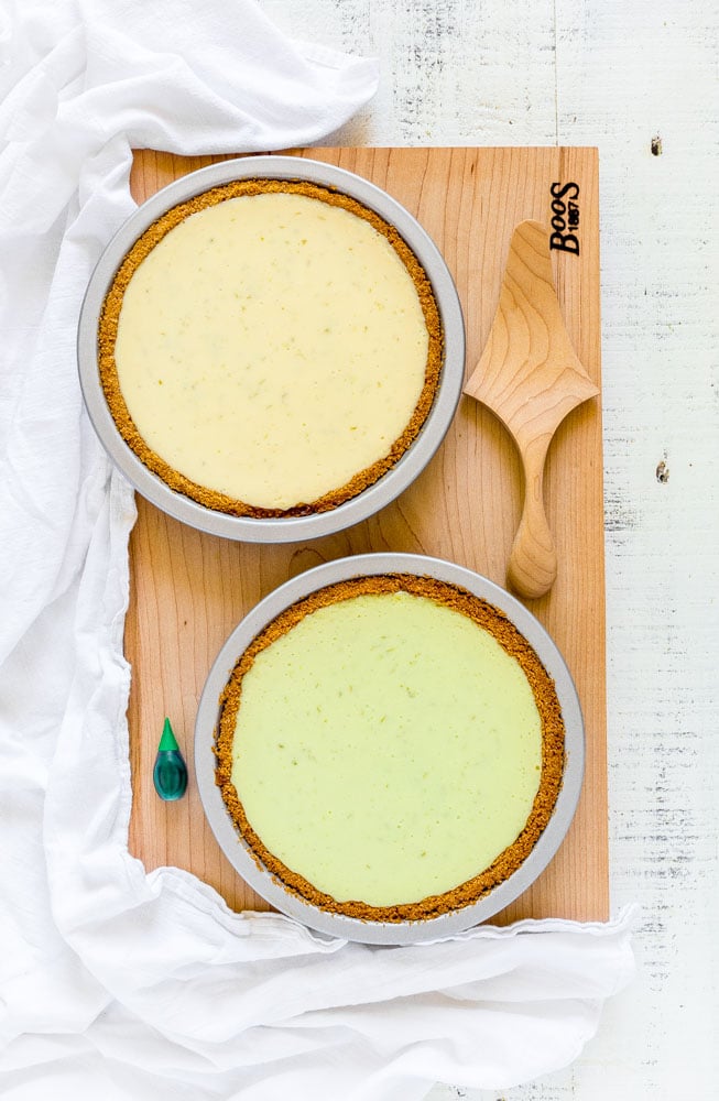 Two Key Lime pies: one is natural colored, and the second has green food coloring.