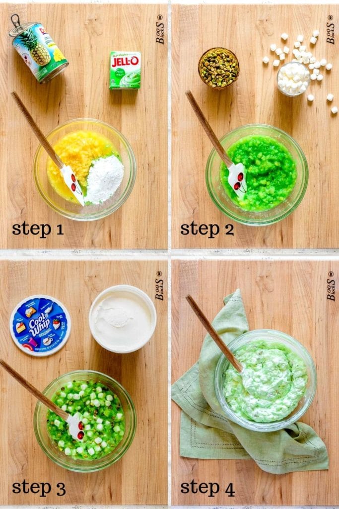 4-image collage showing how to make Pistachio Fluff / Watergate Salad step by step.
