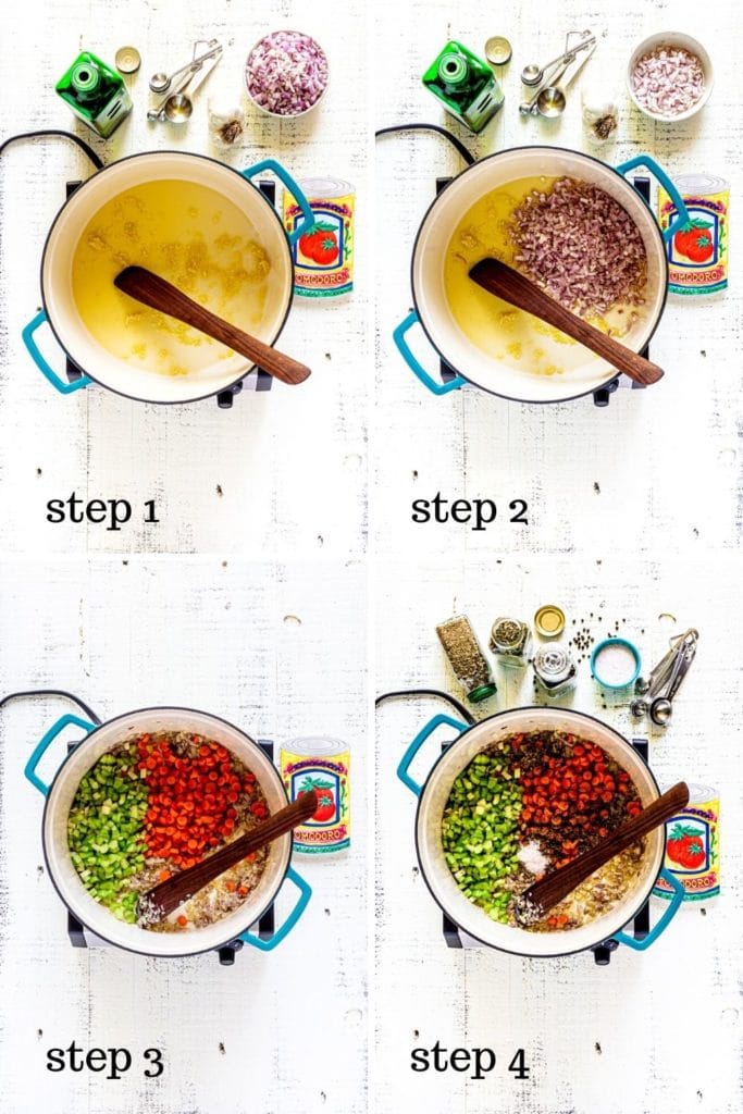 4 images showing the steps for making Olive Garden Minestrone Soup from scratch.