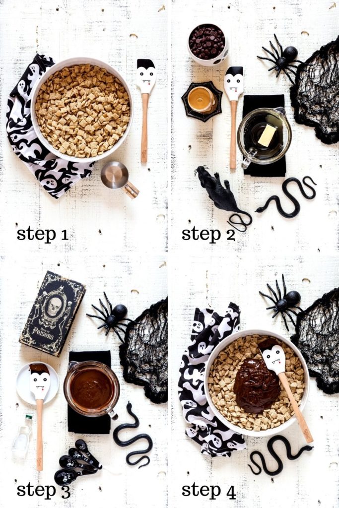 4-images showing how to make Halloween puppy chow, step by step.