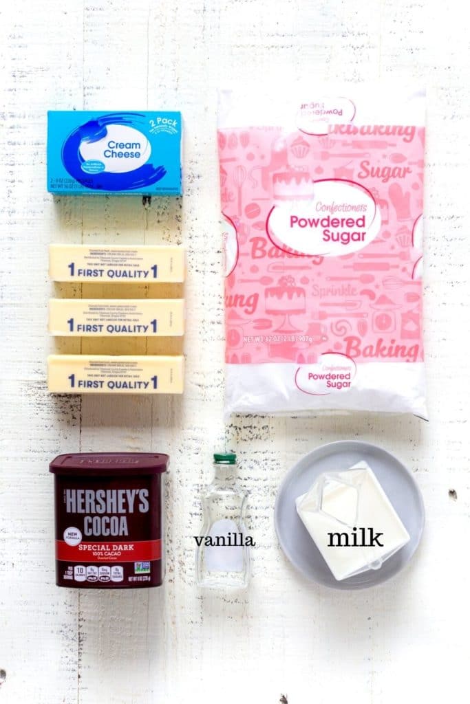 Ingredients for chocolate cream cheese frosting for a chocolate Matilda cake.