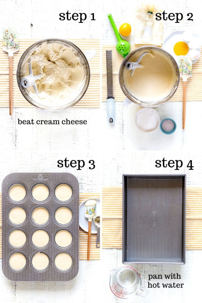 Four images showing how to make the filling for mini Easter cheesecake bites from scratch.