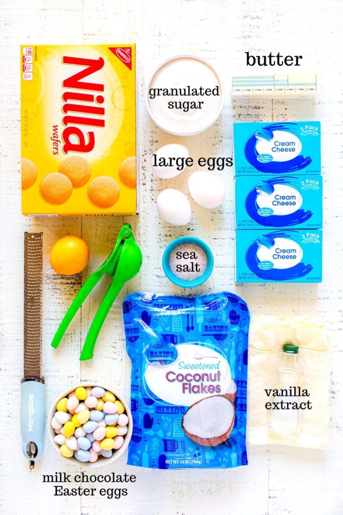 Ingredients for mini cheesecakes: Easter Cheesecake Bites featuring a bird's nest with candy eggs.