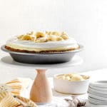 Banana Cream Pie, AKA banana pudding pie, on a brunch table dessert stand.
