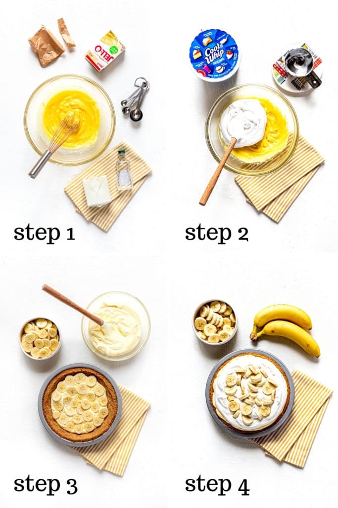 How to make banana cream pie (AKA: banana pudding pie) as shown in 4 step-by-step images.