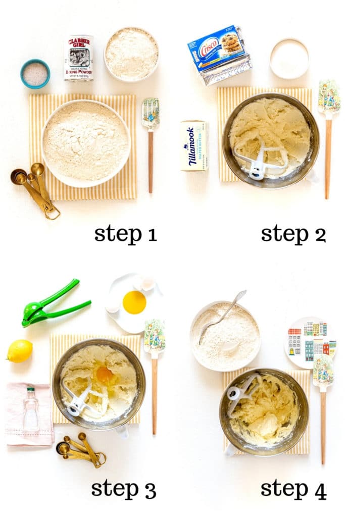 4 images illustrating cut-out sugar cookie recipe step by step for Easter bunny cookies.