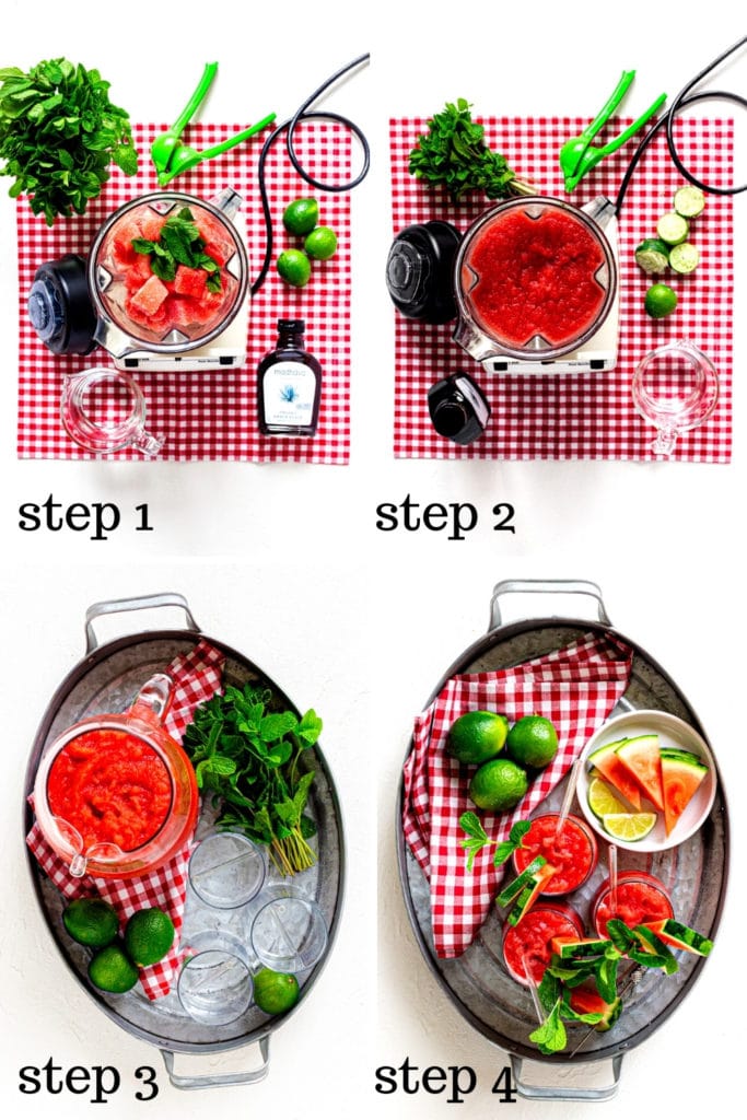 How to make watermelon slushie shown in 4 overhead step-by-step images.