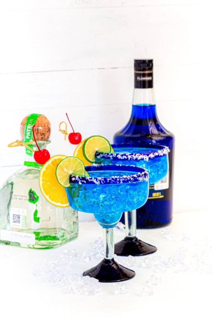 Blue Margarita in a blown-glass Mexican Margarita glass with a blue rim.