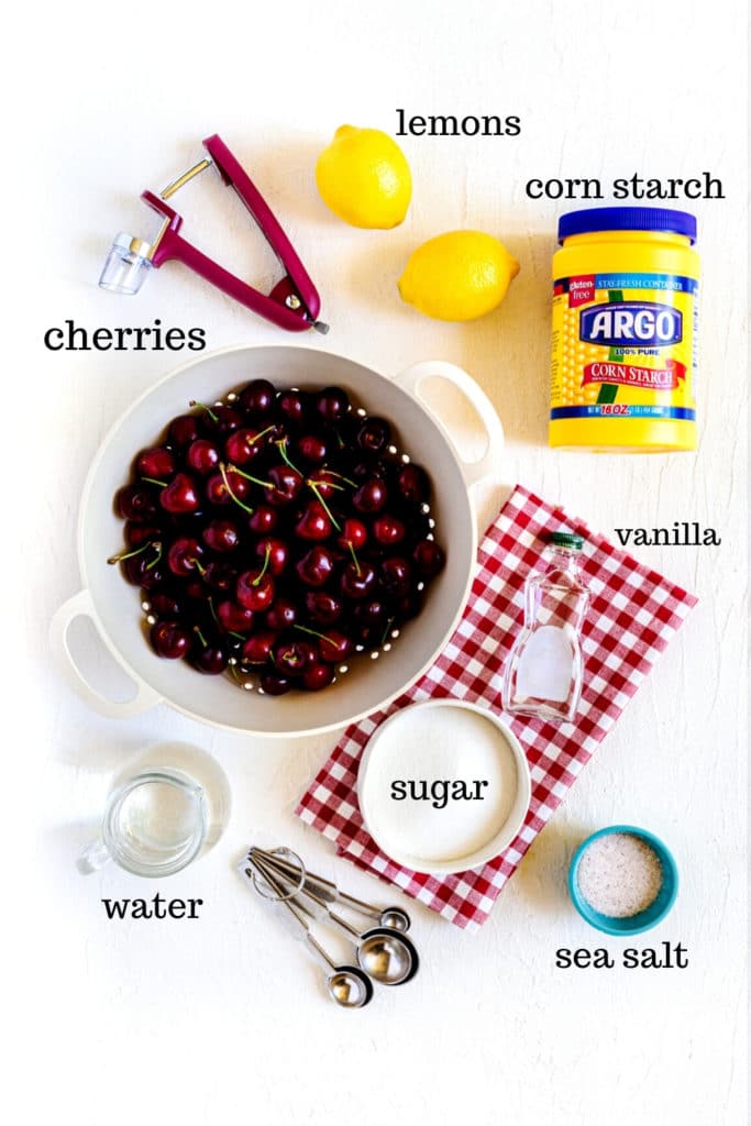 Ingredients for homemade cherry pie filling.